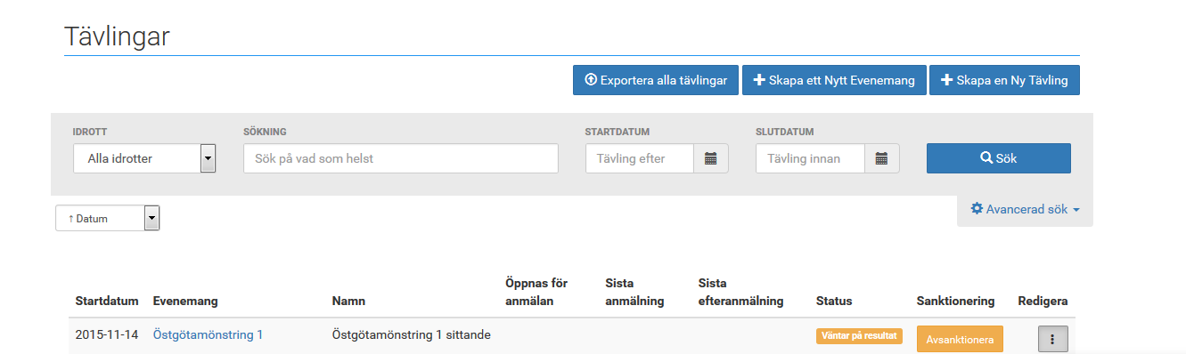 4.2 Evenemang och tävling Ett evenemang består av fler tävlingar än en. Evenemanget kan pågå under en eller flera dagar.