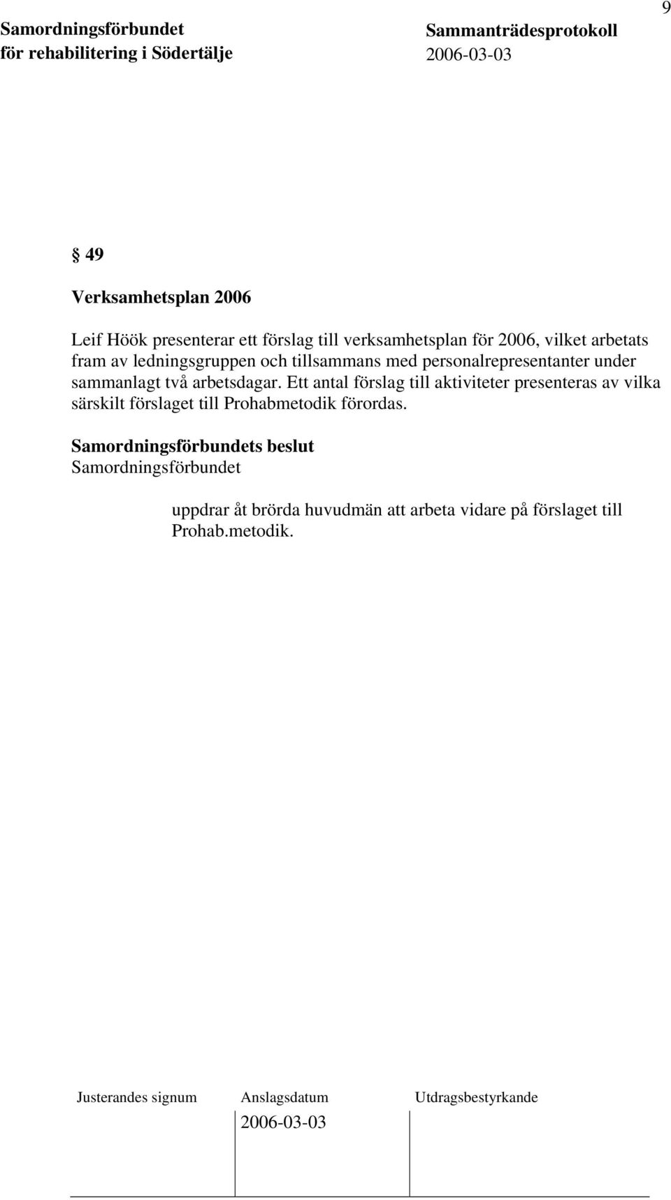 arbetsdagar. Ett antal förslag till aktiviteter presenteras av vilka särskilt förslaget till Prohabmetodik förordas.