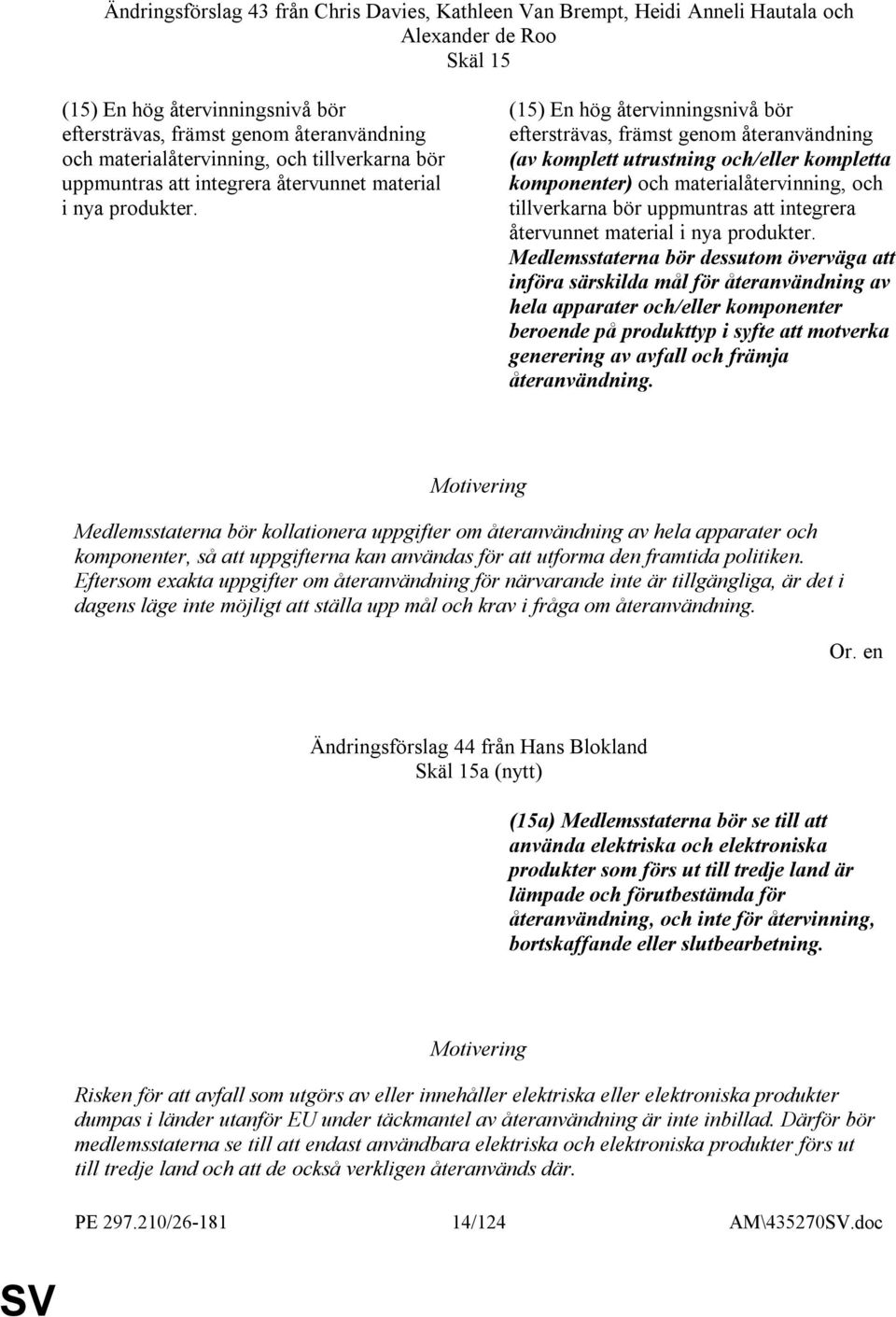 (15) En hög återvinningsnivå bör eftersträvas, främst genom återanvändning (av komplett utrustning och/eller kompletta komponenter) och  Medlemsstaterna bör dessutom överväga att införa särskilda mål
