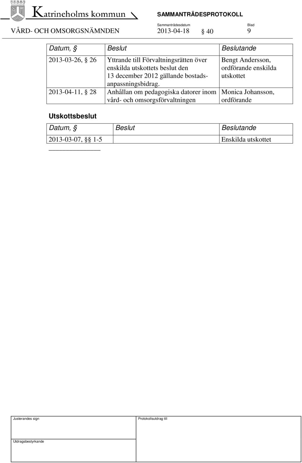 2013-04-11, 28 Anhållan om pedagogiska datorer inom vård- och omsorgsförvaltningen Utskottsbeslut Bengt