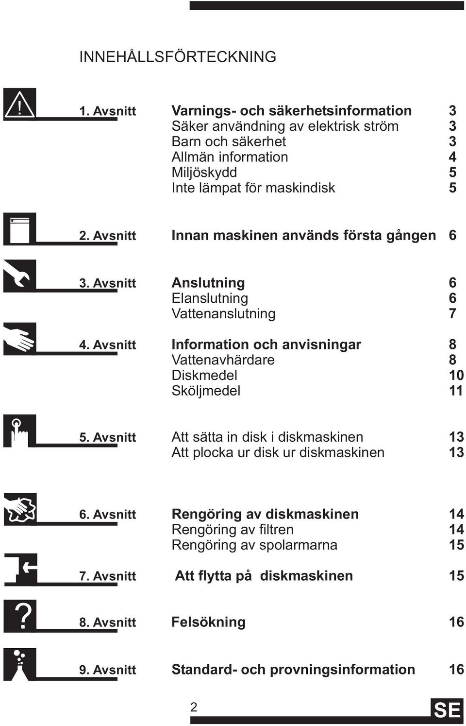 Avsnitt Innan maskinen används första gången 6 3. Avsnitt Anslutning 6 Elanslutning 6 Vattenanslutning 7 4.