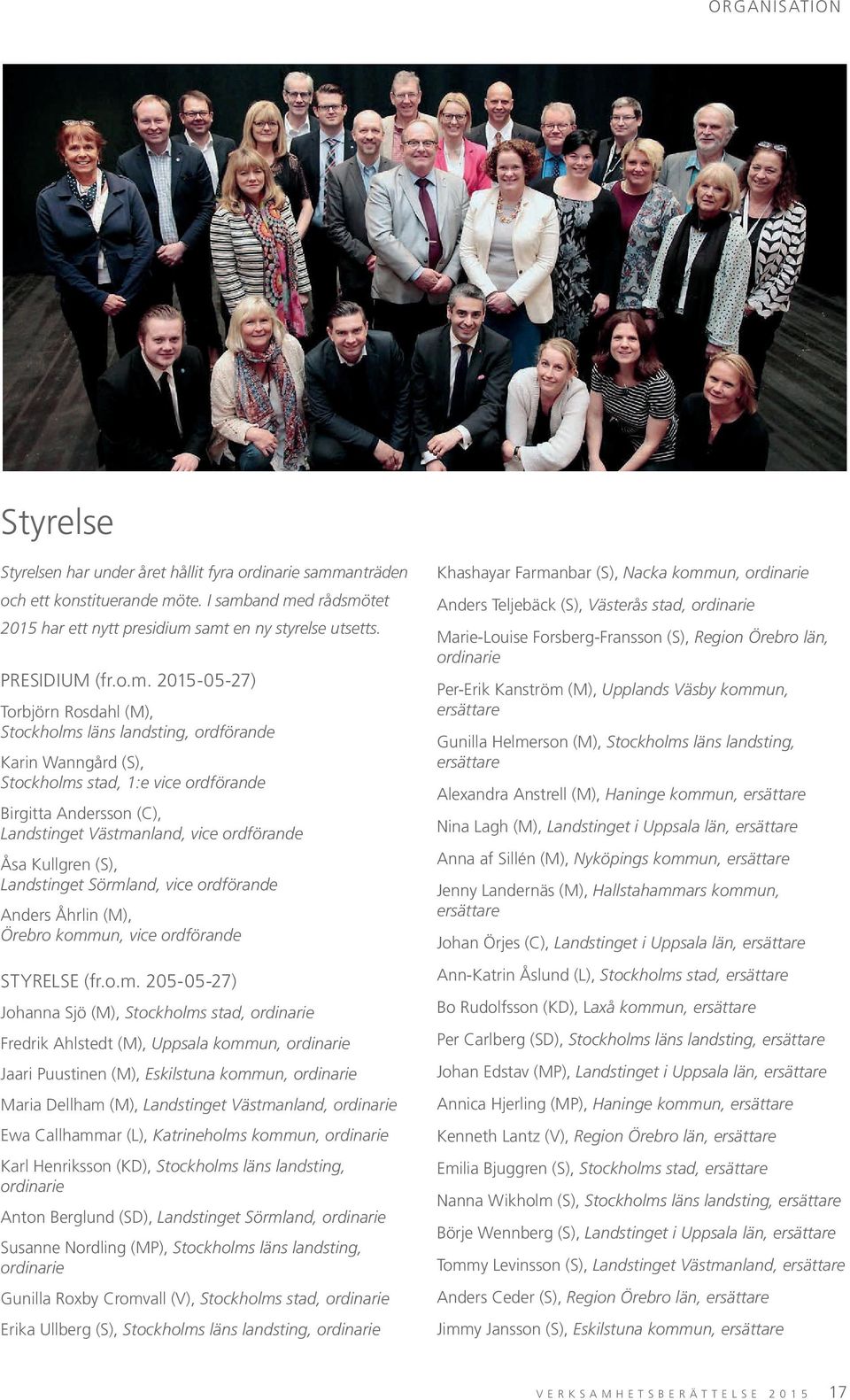 2015-05-27) Torbjörn Rosdahl (M), Stockholms läns landsting, ordförande Karin Wanngård (S), Stockholms stad, 1:e vice ordförande Birgitta Andersson (C), Landstinget Västmanland, vice ordförande Åsa