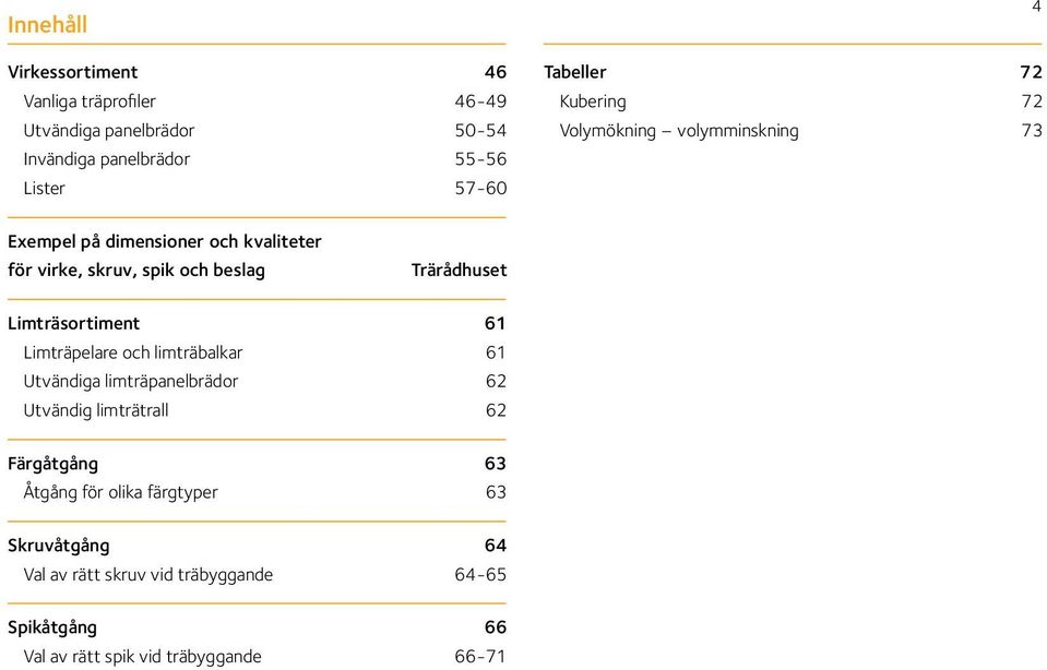 Trärådhuset Limträsortiment 61 Limträpelare och limträbalkar 61 Utvändiga limträpanelbrädor 62 Utvändig limträtrall 62 Färgåtgång