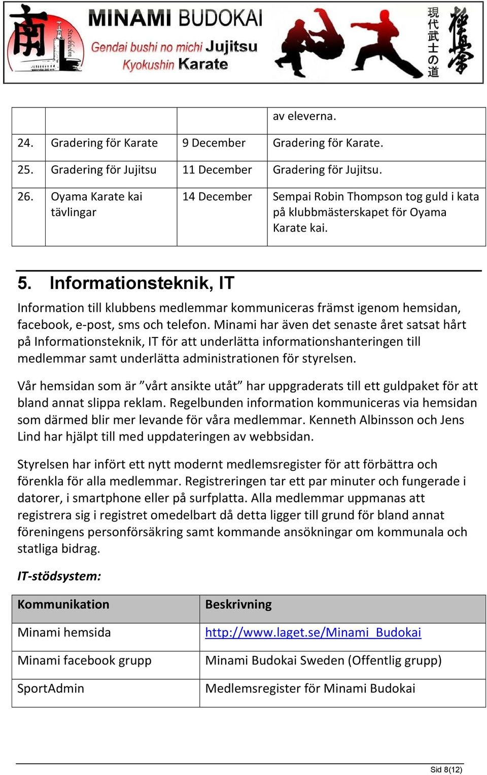 Informationsteknik, IT Information till klubbens medlemmar kommuniceras främst igenom hemsidan, facebook, e-post, sms och telefon.