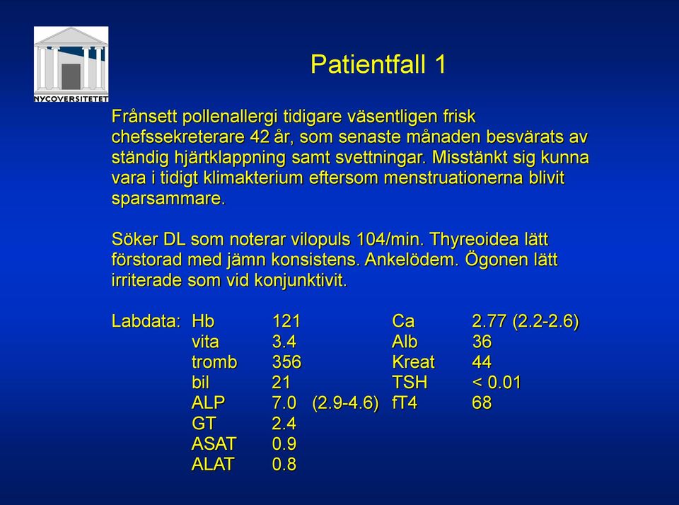 Söker DL som no terar vilopuls 104/min. Thyreoidea lätt förstorad med jämn konsistens. Ankelödem.