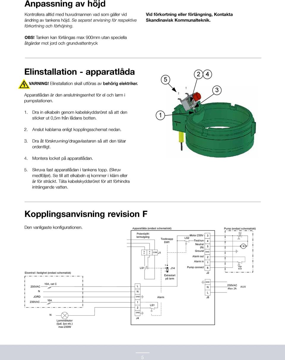 OBS Tanken kan förlängas max 900mm utan speciella åtgärder mot jord och grundvattentryck Elinstallation - apparatlåda VARIG Elinstallation skall utföras av behörig elektriker.