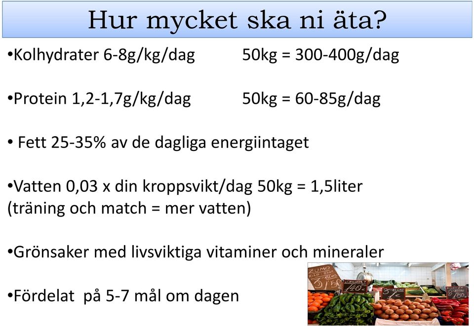 60-85g/dag Fett 25-35% av de dagliga energiintaget Vatten 0,03 x din