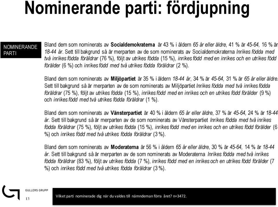 utrikes född förälder (6 %) och inrikes född med två utrikes födda föräldrar (2 %). Bland dem som nominerats av Miljöpartiet är 35 % i åldern 18-44 år, 34 % är 45-64, 31 % är 65 år eller äldre.