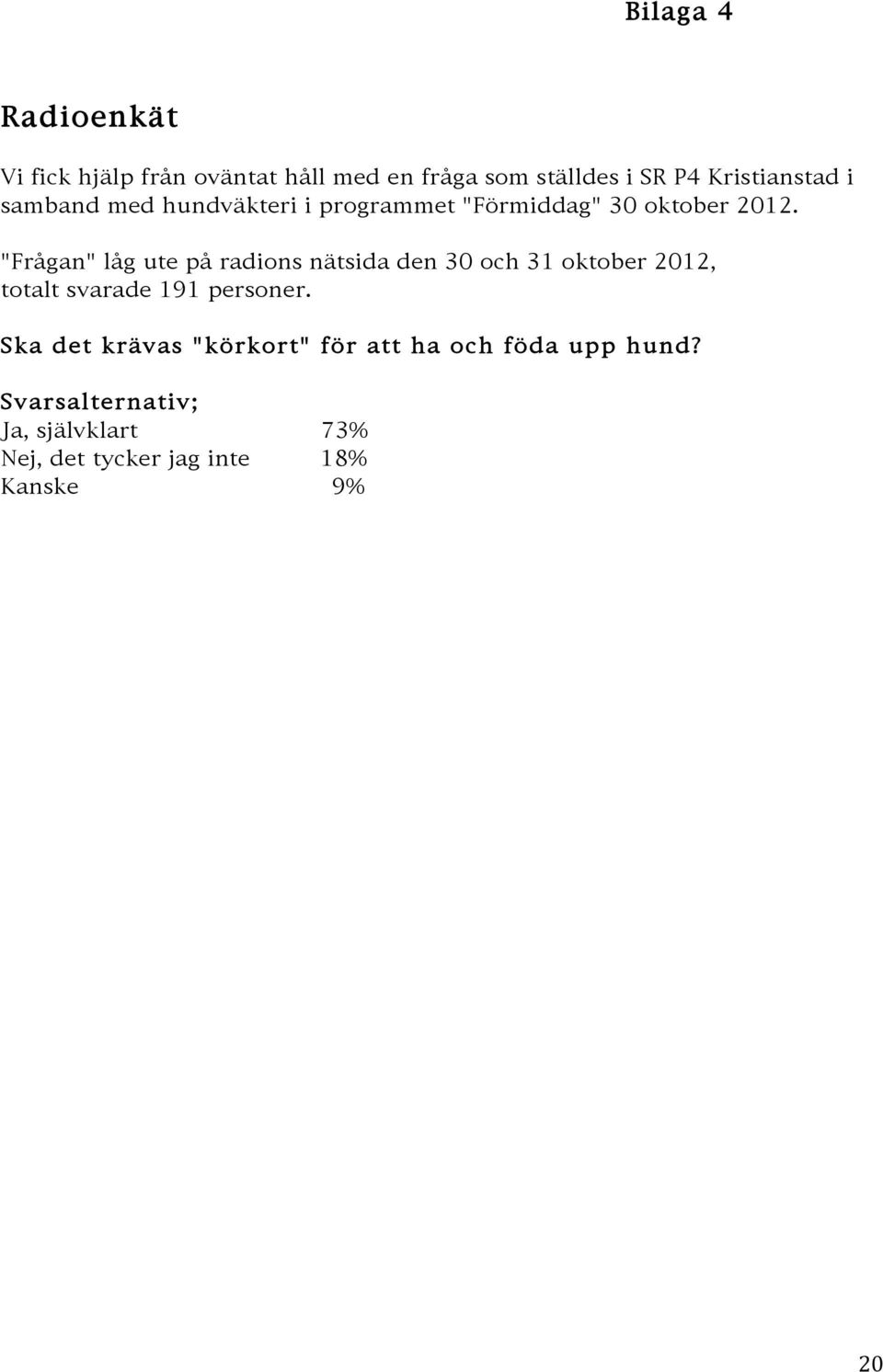 "Frågan" låg ute på radions nätsida den 30 och 31 oktober 2012, totalt svarade 191 personer.
