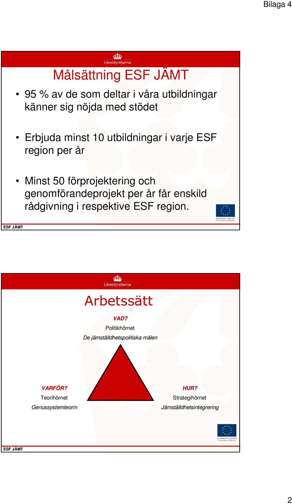 enskild rådgivning i respektive ESF region. ESF JÄMTJ Arbetssätt VAD?