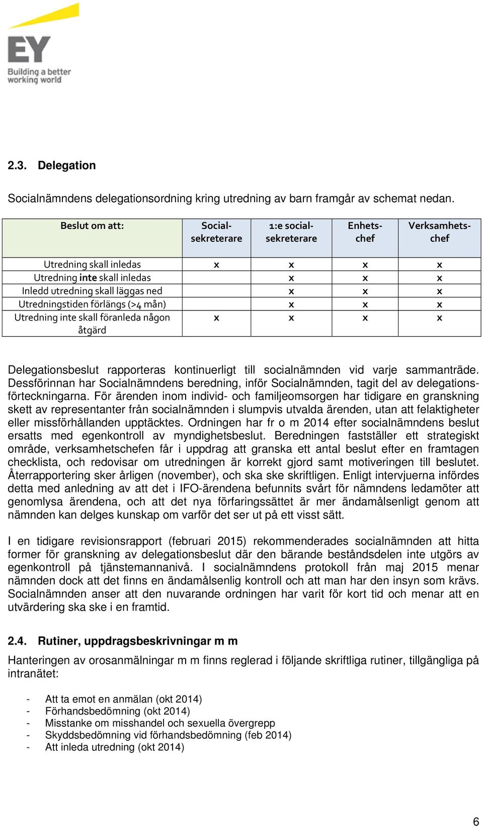 Utredningstiden förlängs (>4 mån) x x x Utredning inte skall föranleda någon åtgärd x x x x Delegationsbeslut rapporteras kontinuerligt till socialnämnden vid varje sammanträde.