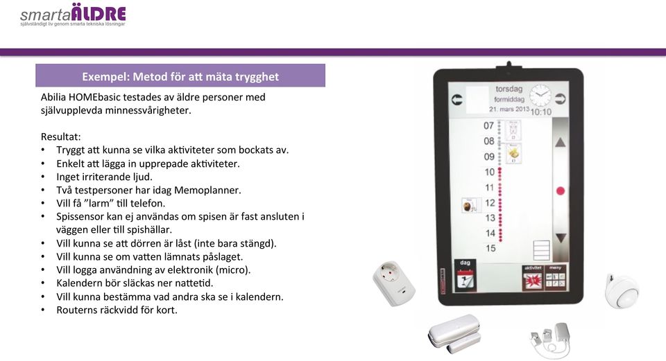 Två testpersoner har idag Memoplanner. Vill få larm bll telefon. Spissensor kan ej användas om spisen är fast ansluten i väggen eller bll spishällar.