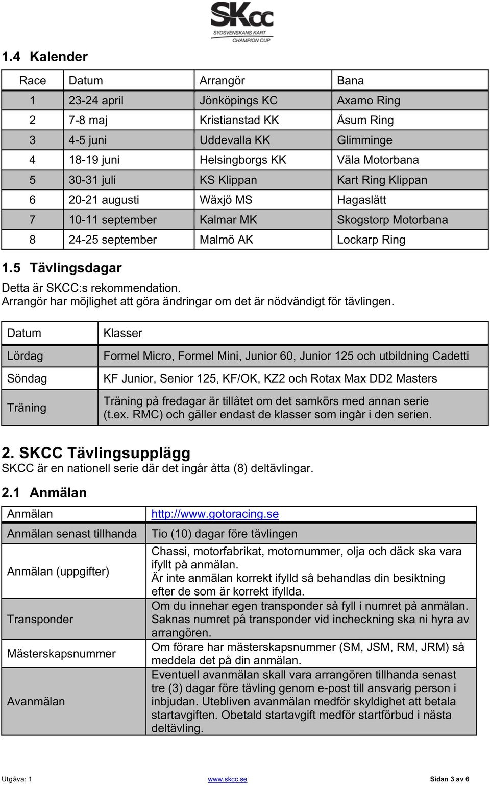 5 Tävlingsdagar Detta är SKCC:s rekommendation. Arrangör har möjlighet att göra ändringar om det är nödvändigt för tävlingen.
