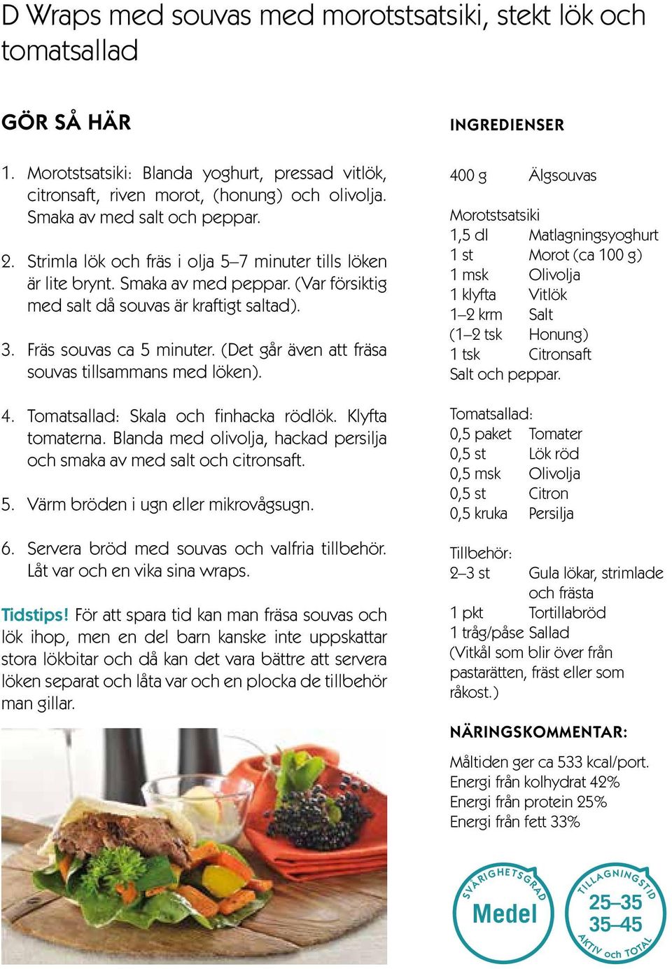 Fräs souvas ca 5 minuter. (Det går även att fräsa souvas tillsammans med löken). 4. Tomatsallad: Skala och finhacka rödlök. Klyfta tomaterna.