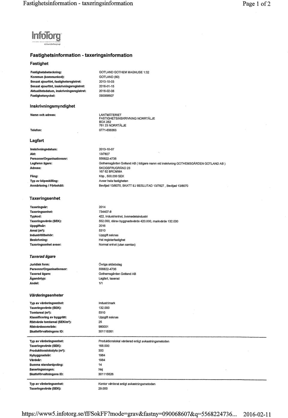 Inskrivningsmyndighet Namn och adress: LANTMÄTERIET FASTIGHETSINSKRIVNING NORRTÄLJE BOX 252 761 23 NORRTÄLJE Telefon: 0771-636363 Lagfart lnskrivningsdatum: 2013-10-07 Akt: 13(7827