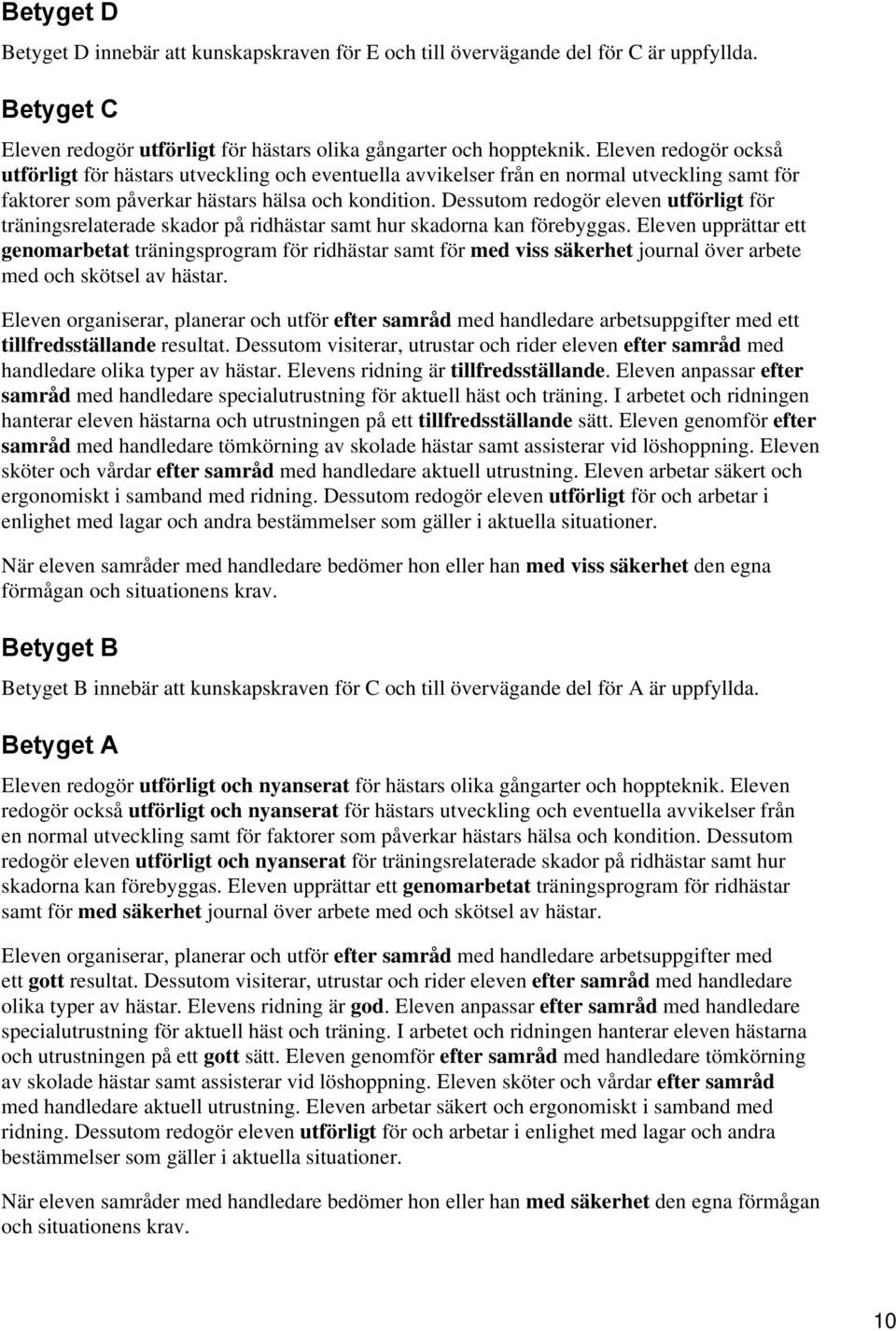 Dessutom redogör eleven utförligt för träningsrelaterade skador på ridhästar samt hur skadorna kan förebyggas.