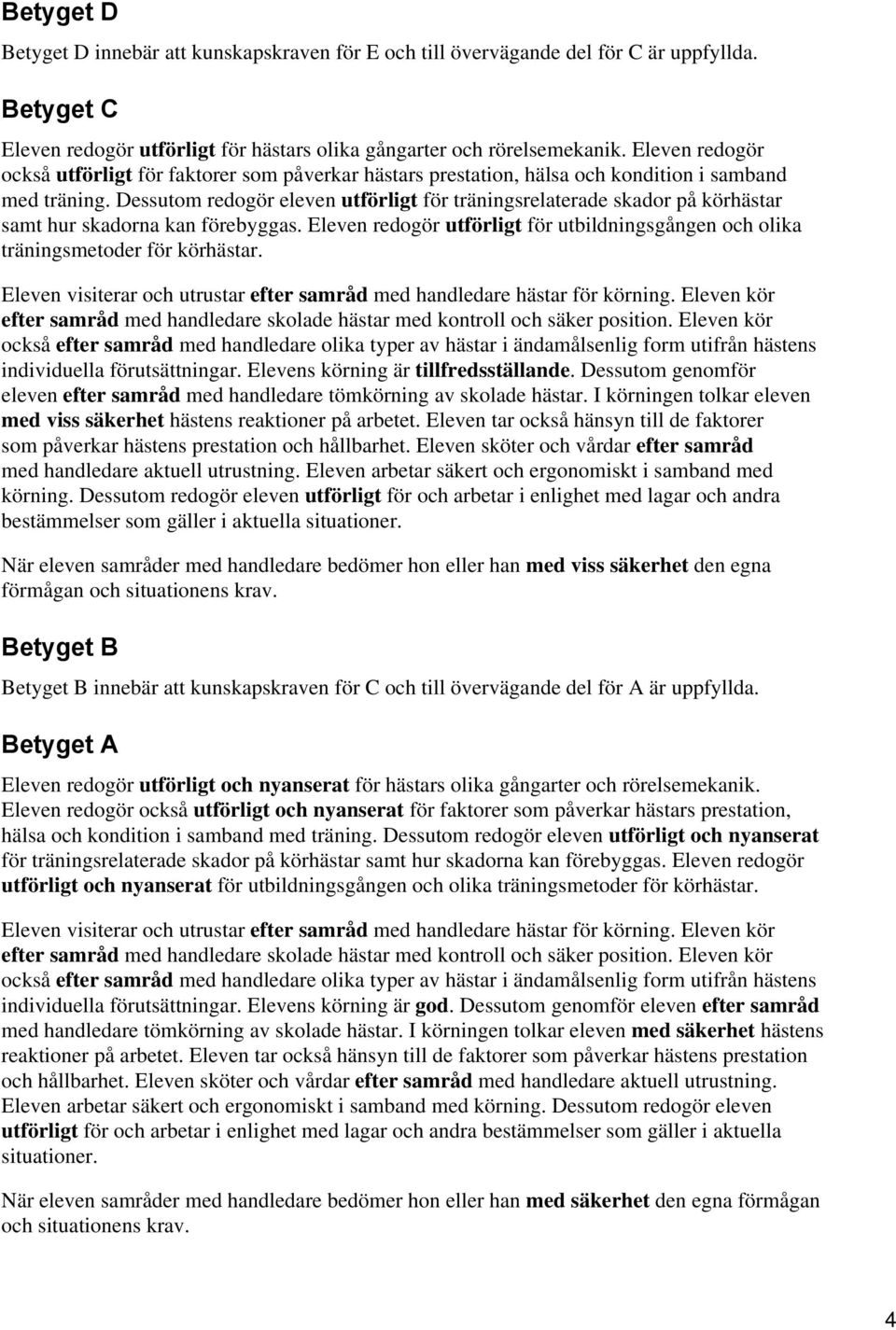 Dessutom redogör eleven utförligt för träningsrelaterade skador på körhästar samt hur skadorna kan förebyggas. Eleven redogör utförligt för utbildningsgången och olika träningsmetoder för körhästar.