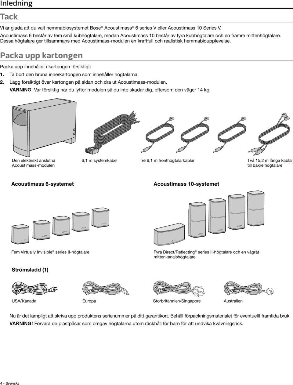 Dessa högtalare ger tillsammans med Acoustimass-modulen en kraftfull och realistisk hemmabioupplevelse. Packa upp kartongen Packa upp innehållet i kartongen försiktigt: 1.