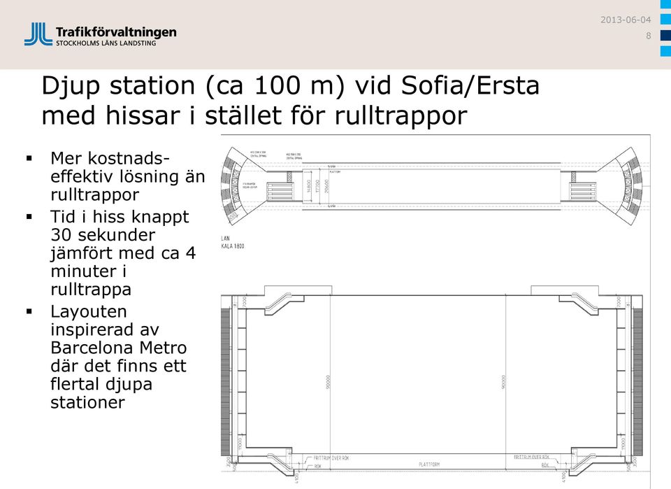 knappt 30 sekunder jämfört med ca 4 minuter i rulltrappa Layouten