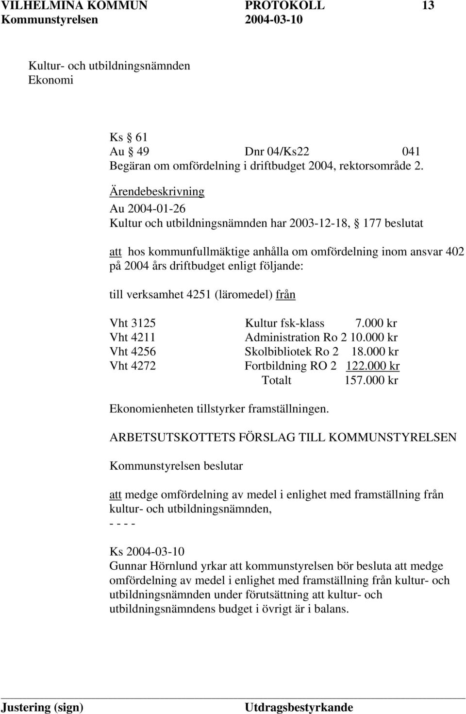 till verksamhet 4251 (läromedel) från Vht 3125 Kultur fsk-klass 7.000 kr Vht 4211 Administration Ro 2 10.000 kr Vht 4256 Skolbibliotek Ro 2 18.000 kr Vht 4272 Fortbildning RO 2 122.000 kr Totalt 157.