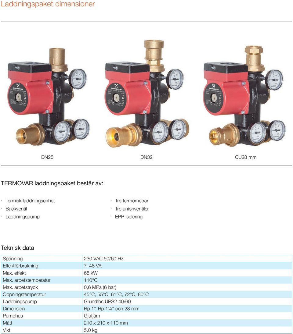 48 VA Max. effekt 65 kw Max. arbetstemperatur 110 C Max.