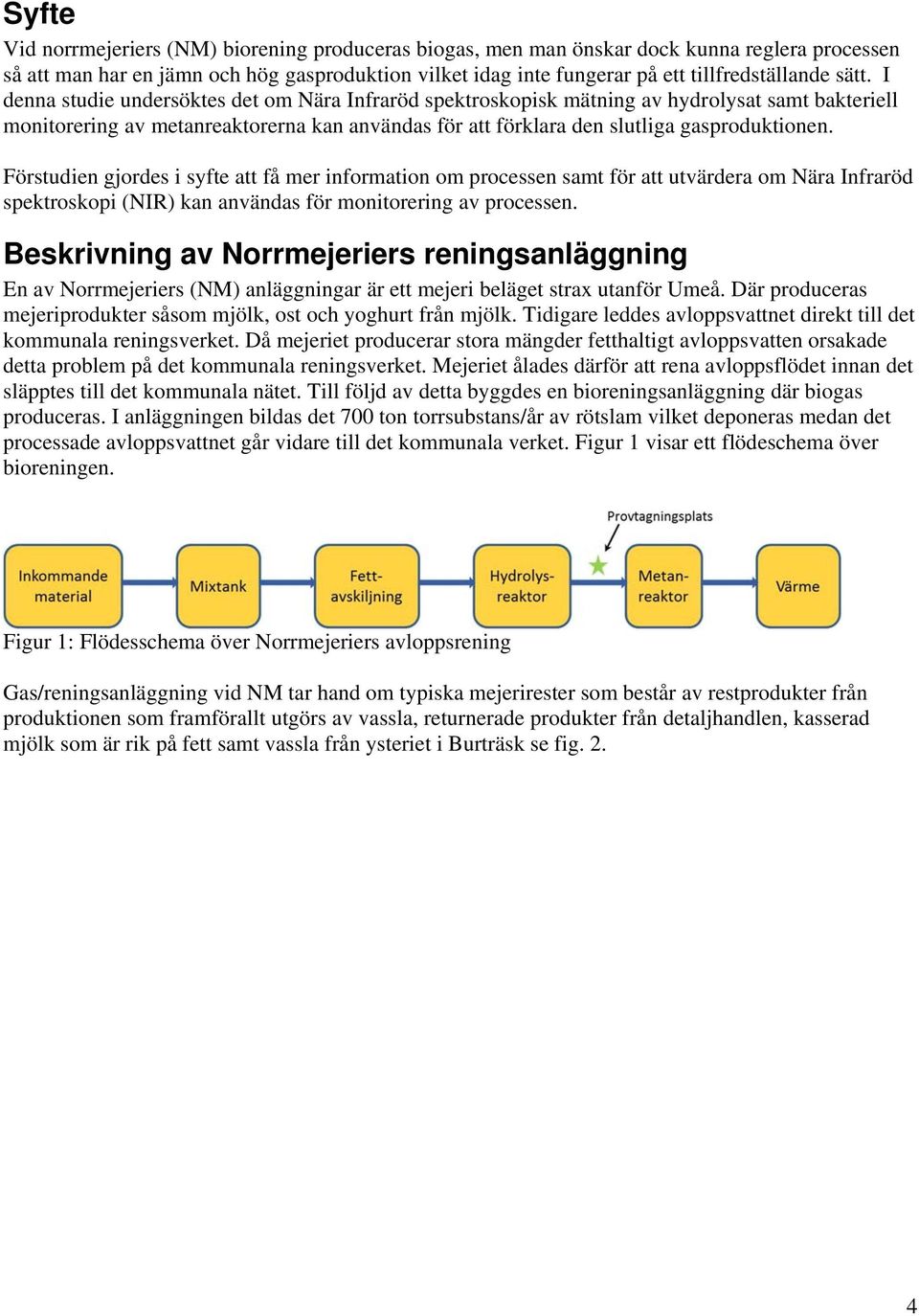 Förstudien gjordes i syfte att få mer information om processen samt för att utvärdera om Nära Infraröd spektroskopi (NIR) kan användas för monitorering av processen.