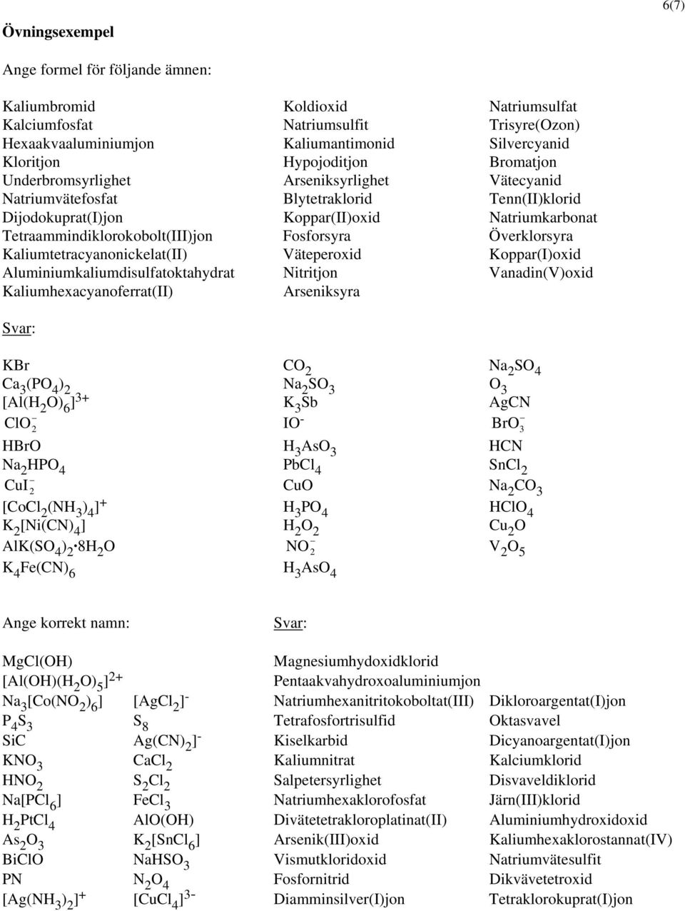 Fosforsyra Överklorsyra Kaliumtetracyanonickelat(II) Väteperoxid Koppar(I)oxid Aluminiumkaliumdisulfatoktahydrat Nitritjon Vanadin(V)oxid Kaliumhexacyanoferrat(II) Arseniksyra Svar: KBr C Na S Ca (P