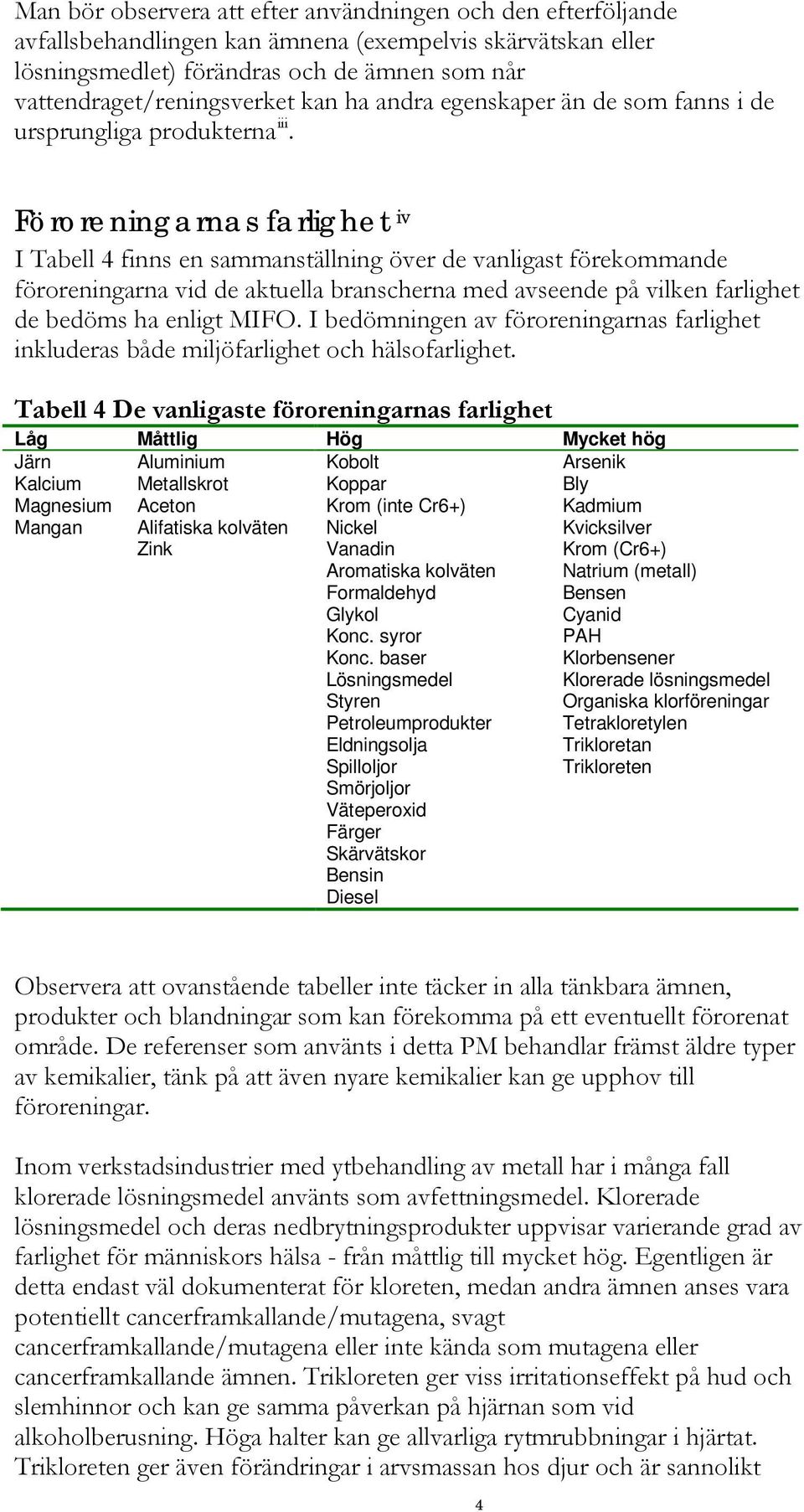 Föroreningarnas farlighet iv I Tabell 4 finns en sammanställning över de vanligast förekommande föroreningarna vid de aktuella branscherna med avseende på vilken farlighet de bedöms ha enligt MIFO.