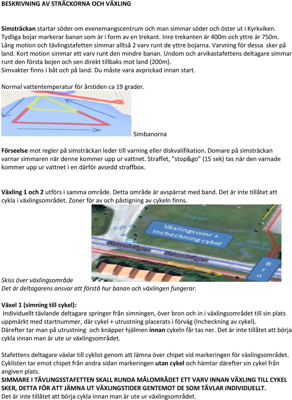 Kort motion simmar ett varv runt den mindre banan. Undom och arvikastafettens deltagare simmar runt den första bojen och sen direkt tillbaks mot land (200m). Simvakter finns i båt och på land.