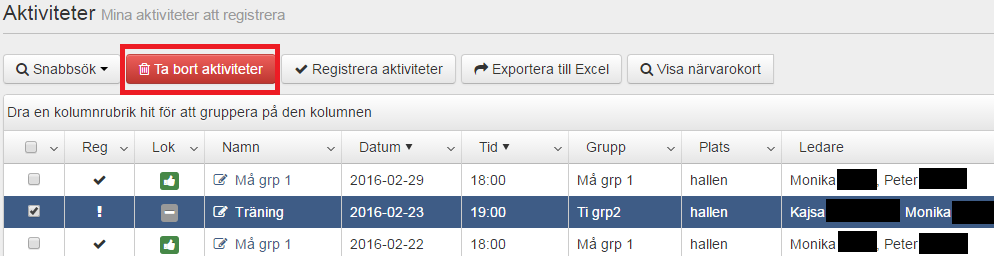 Ta bort aktivitet Behöver du ta bort en aktivitet som blivit upplagd av misstag (eller dubbelt) gör så här; Sök fram den aktivitet du vill ta bort via Aktivitet och Sök aktivitet, markera i rutan