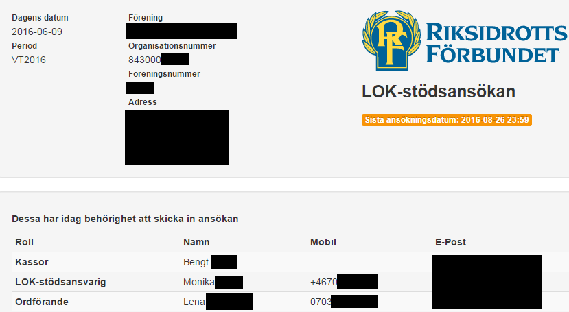 Topp: Här finns föreningsuppgifter och även kontaktuppgifter till de personer som har behörighet att skicka in ansökan. OBS!