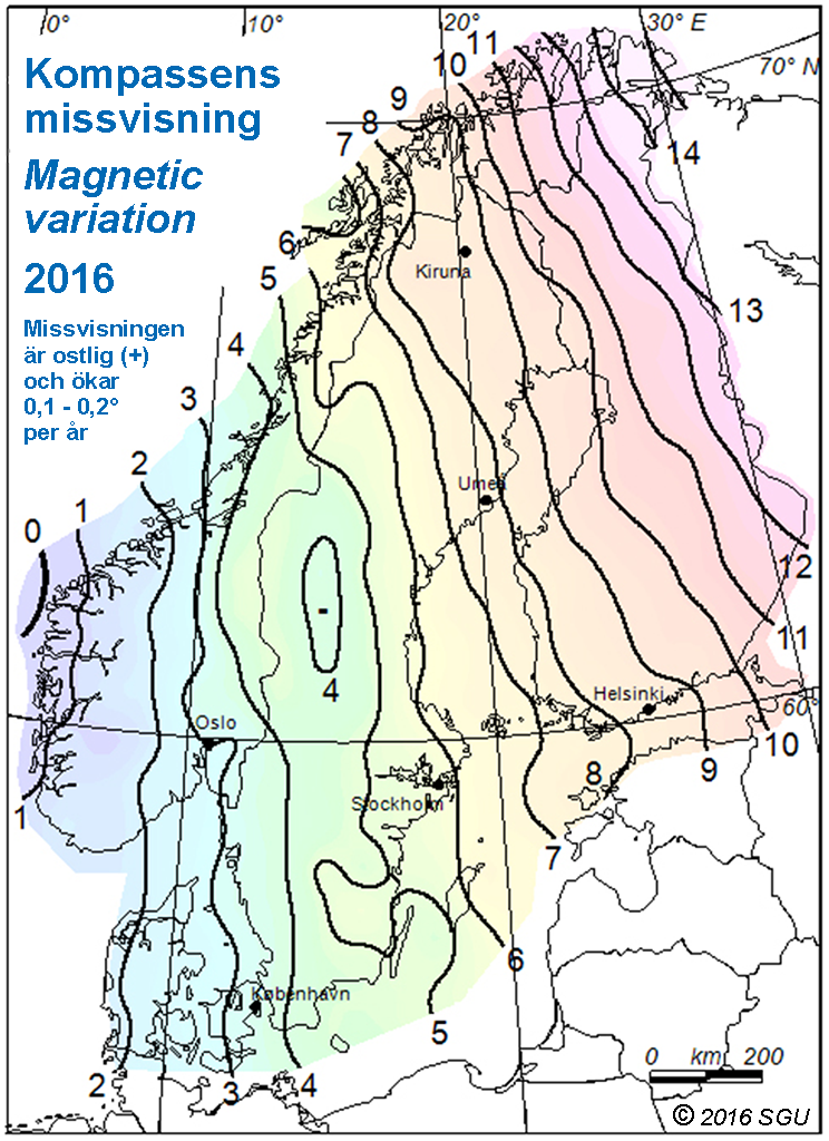 Ufs A 16 3.3.4 Kompassens missvisning Vid navigering med magnetkompass måste man ta hänsyn till avvikelsen mellan den geografiska och magnetiska nordriktningen, den s.k. missvisningen.