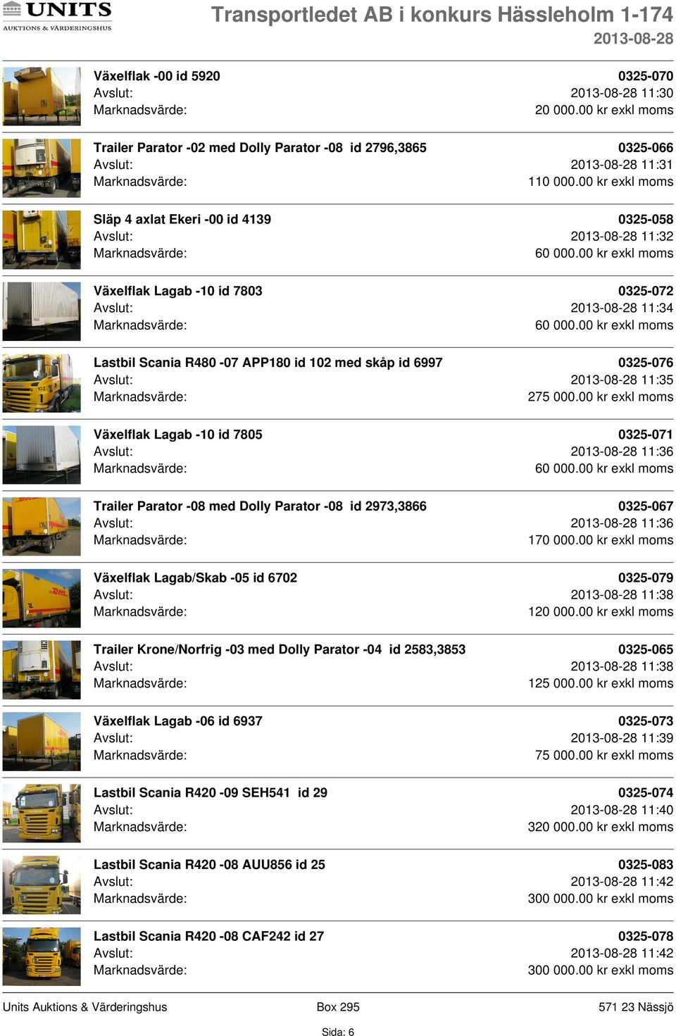 00 kr exkl moms Lastbil Scania R480-07 APP180 id 102 med skåp id 6997 0325-076 Avslut: 11:35 275 000.00 kr exkl moms Växelflak Lagab -10 id 7805 0325-071 Avslut: 11:36 60 000.