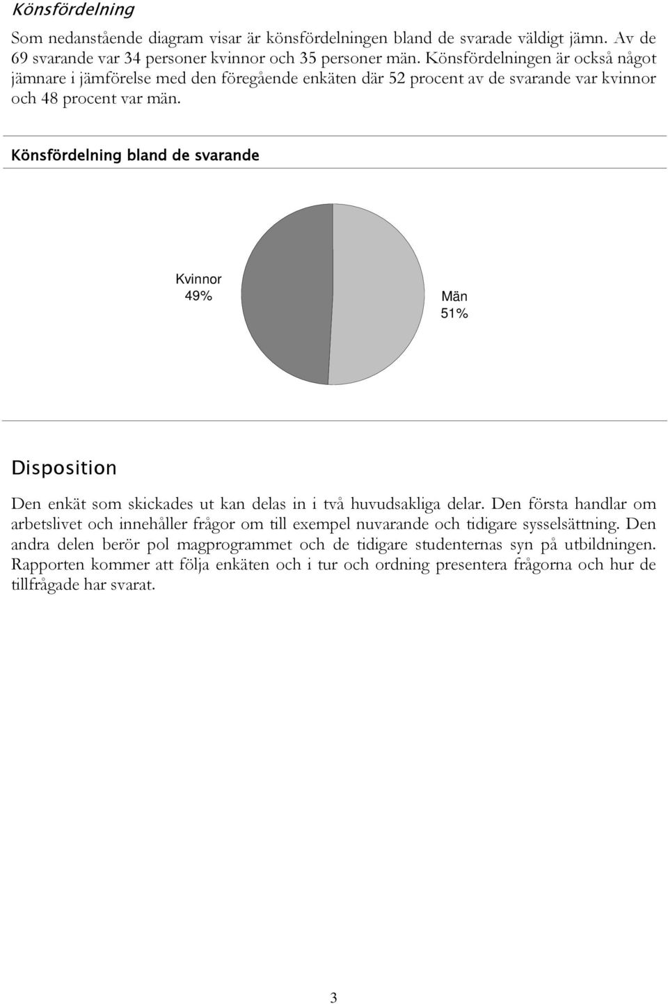 Könsfördelning bland de svarande Kvinnor 49% Män 51% Disposition Den enkät som skickades ut kan delas in i två huvudsakliga delar.