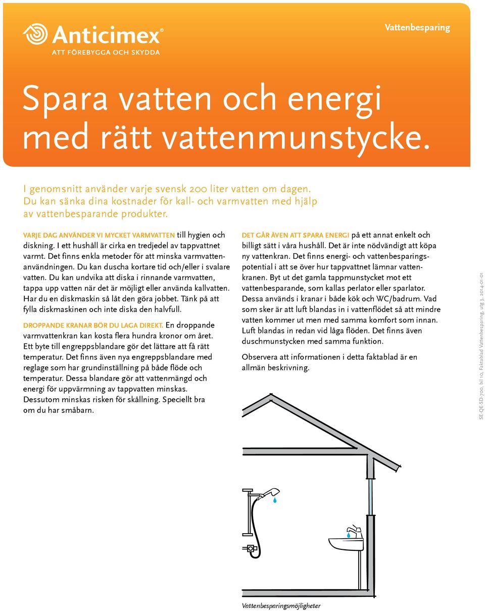 I ett hushåll är cirka en tredjedel av tappvattnet varmt. Det finns enkla metoder för att minska varmvattenanvändningen. Du kan duscha kortare tid och/eller i svalare vatten.