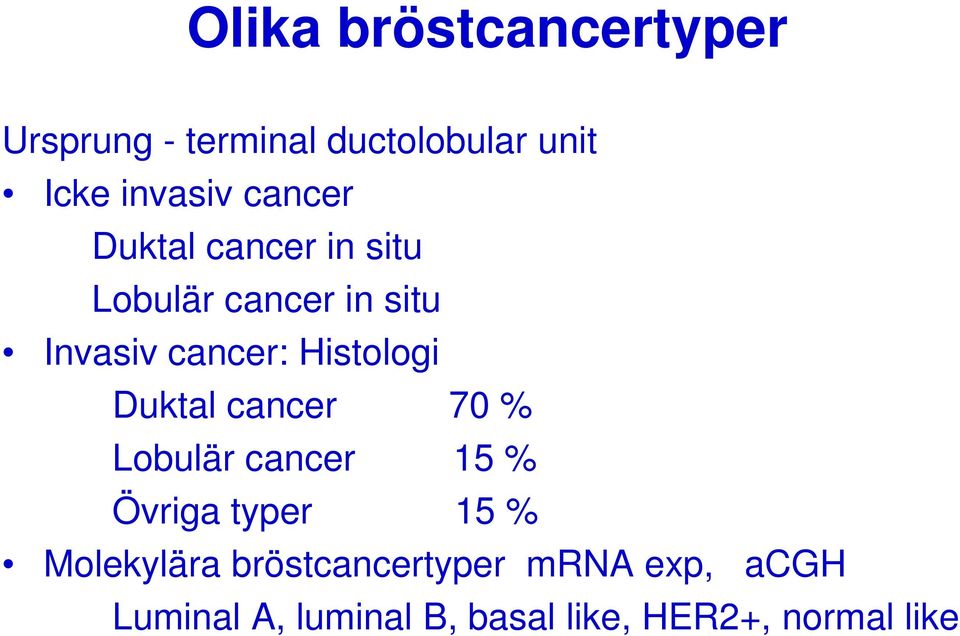 Histologi Duktal cancer 70 % Lobulär cancer 15 % Övriga typer 15 %