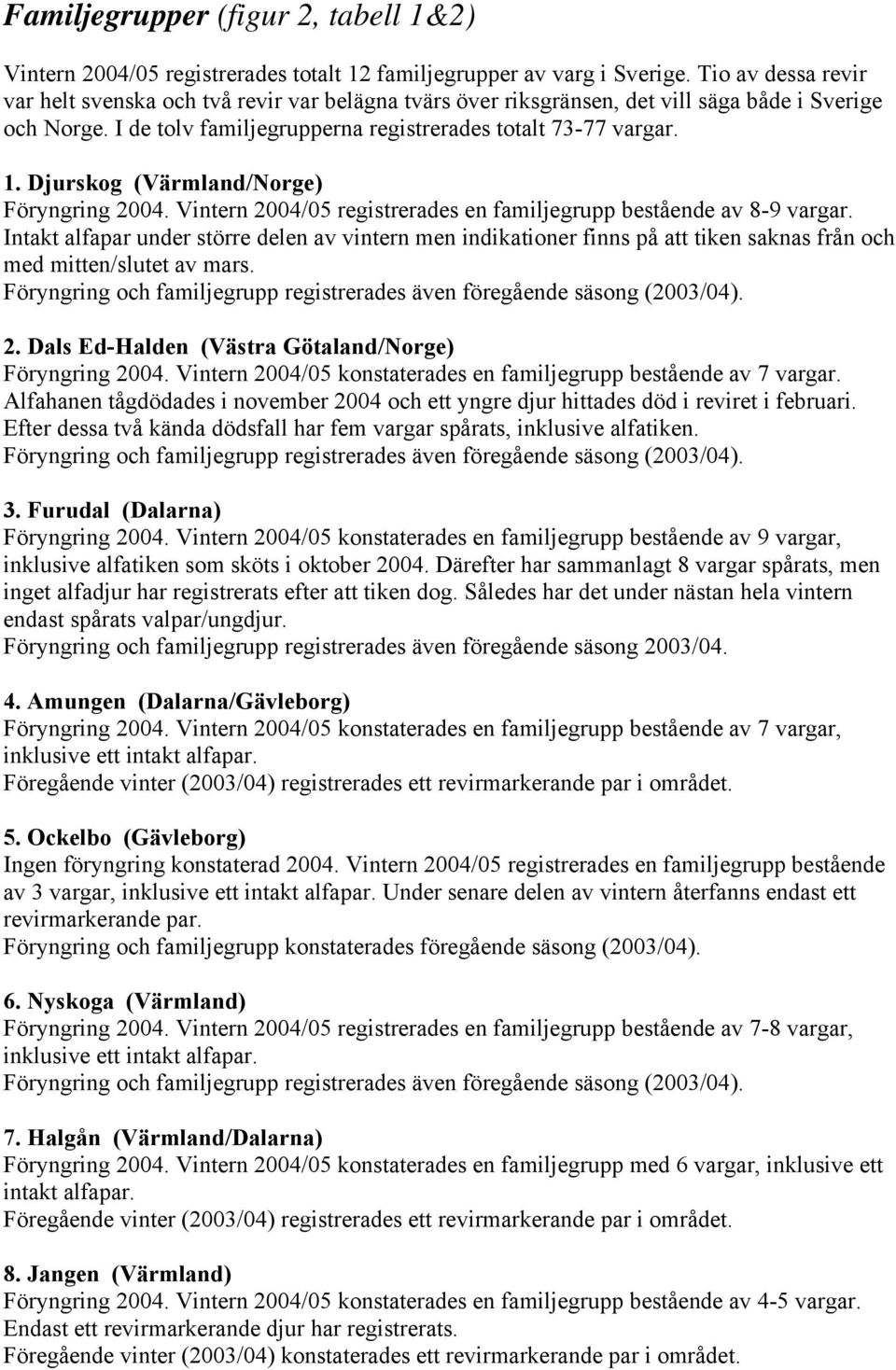 Djurskog (Värmland/Norge) Föryngring 2004. Vintern 2004/05 registrerades en familjegrupp bestående av 8-9 vargar.
