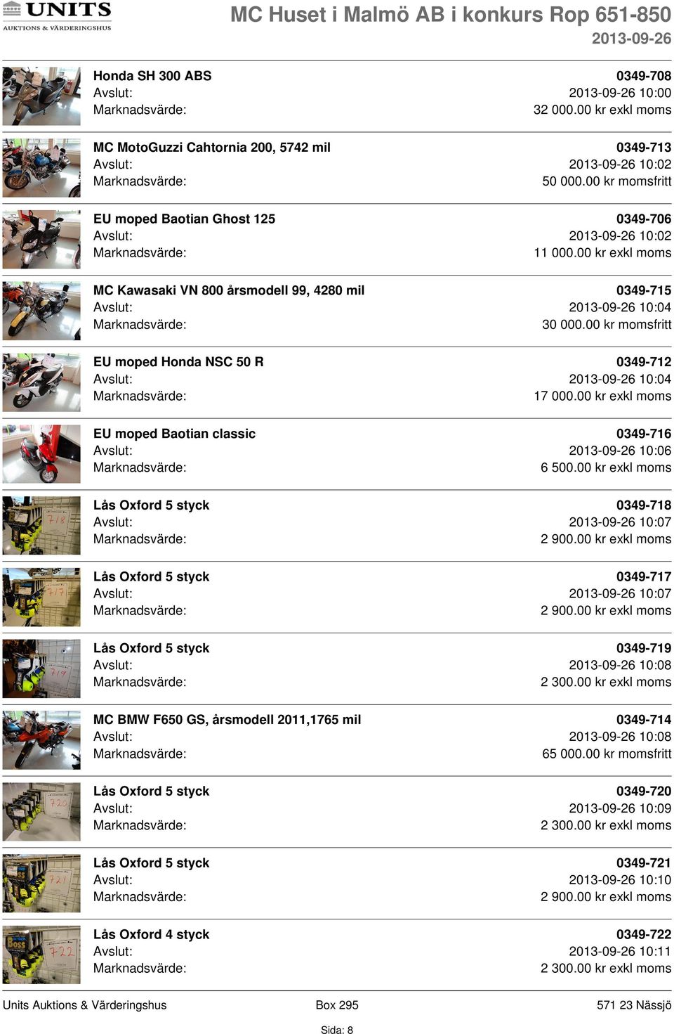 00 kr momsfritt EU moped Honda NSC 50 R 0349-712 Avslut: 10:04 17 000.00 kr exkl moms EU moped Baotian classic 0349-716 Avslut: 10:06 6 500.