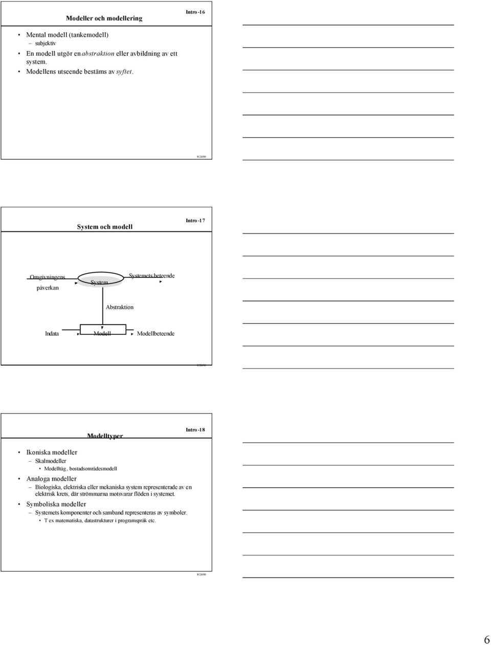 System och modell Intro -17 Omgivningens påverkan System Systemets beteende Abstraktion Indata Modell Modellbeteende Modelltyper Intro -18 Ikoniska modeller
