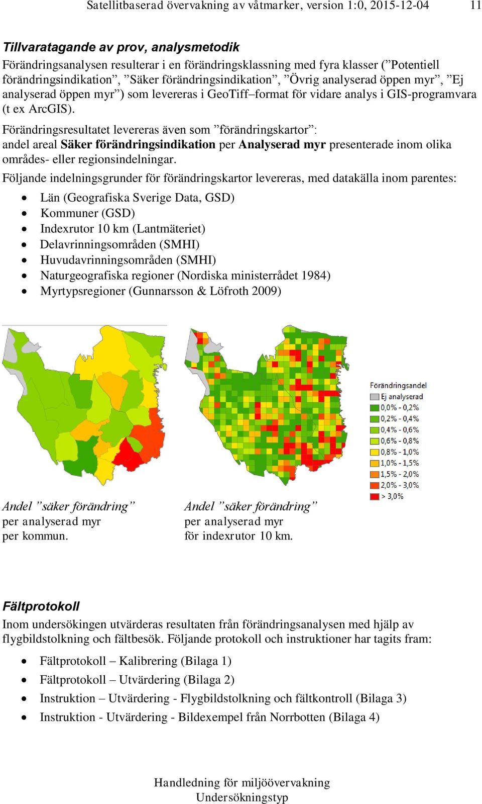 Förändringsresultatet levereras även som förändringskartor : andel areal Säker förändringsindikation per Analyserad myr presenterade inom olika områdes- eller regionsindelningar.