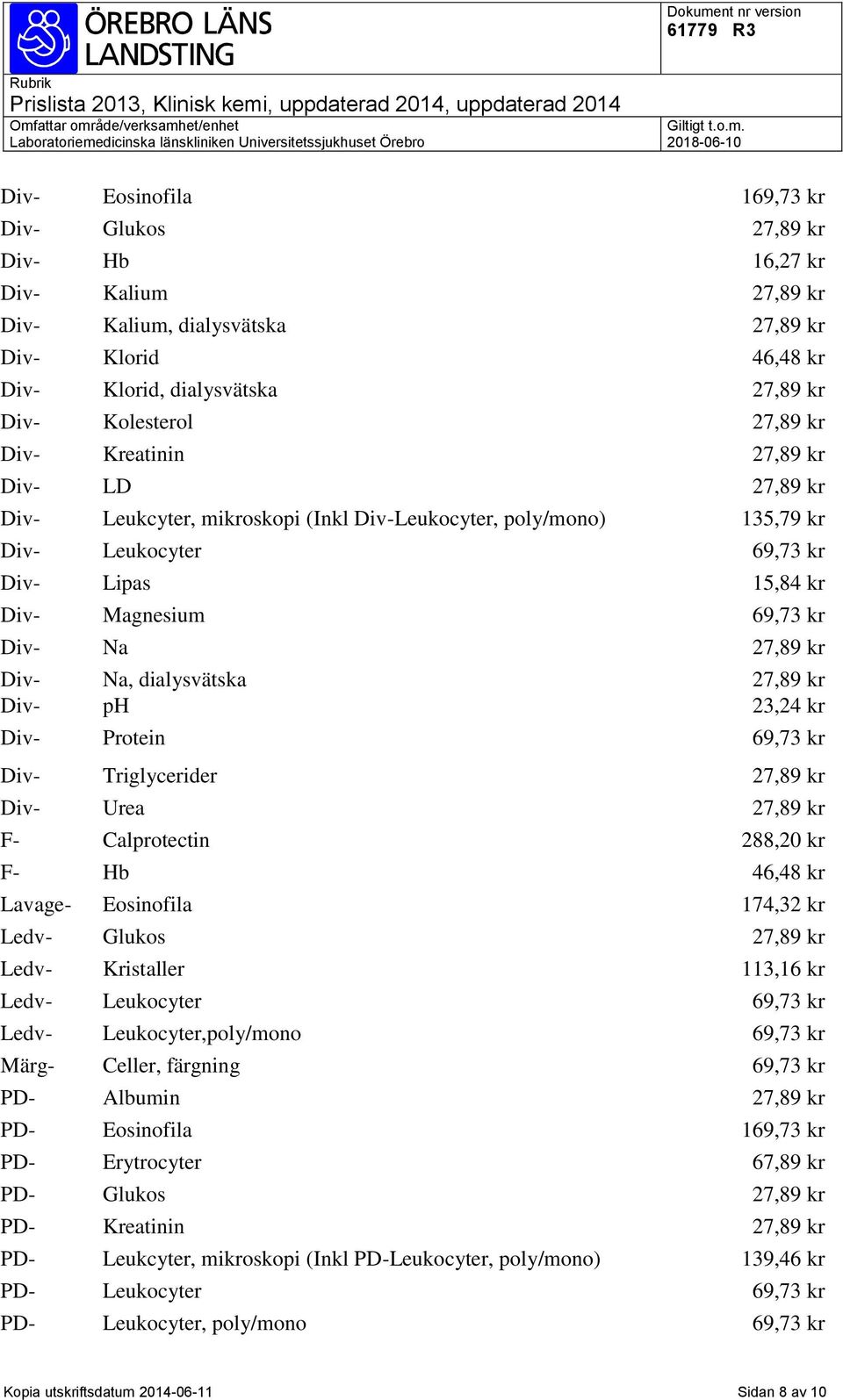 Div- Na, dialysvätska 27,89 kr Div- ph 23,24 kr Div- Protein 69,73 kr Div- Triglycerider 27,89 kr Div- Urea 27,89 kr F- Calprotectin 288,20 kr F- Hb 46,48 kr Lavage- Eosinofila 174,32 kr Ledv- Glukos