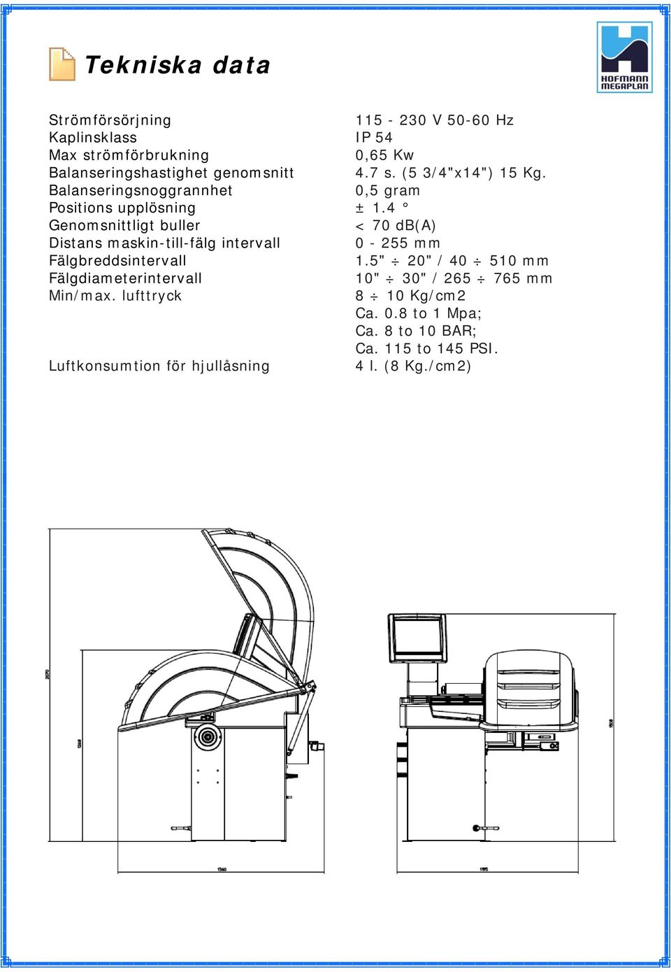 4 Genomsnittligt buller < 70 db(a) Distans maskin-till-fälg intervall 0-255 mm Fälgbreddsintervall 1.