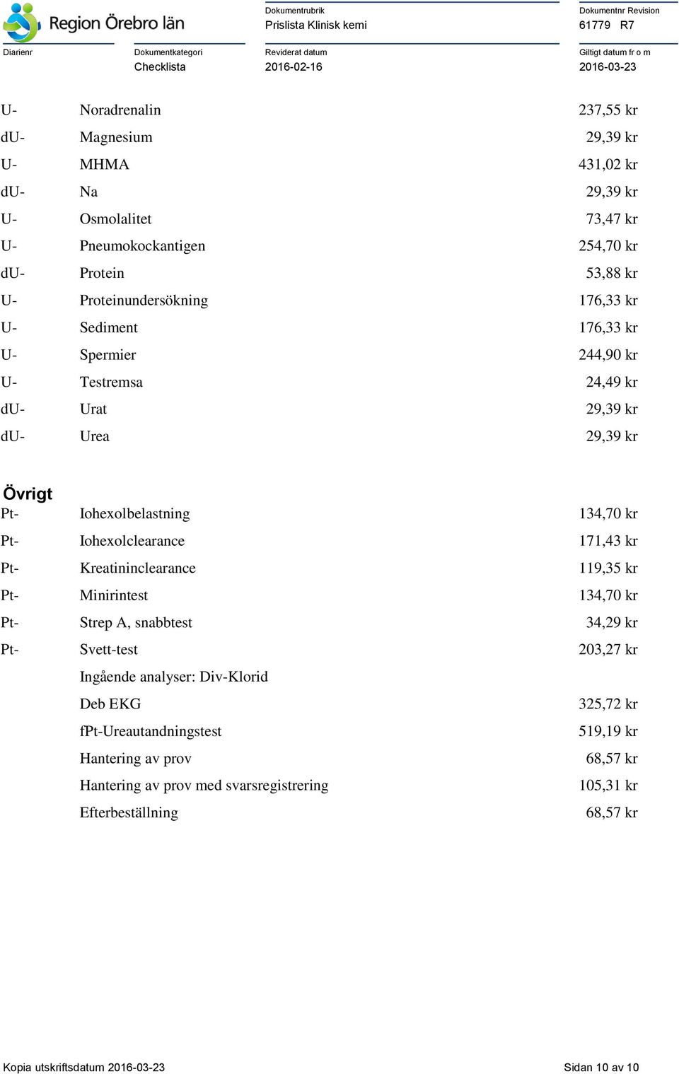 Iohexolclearance 171,43 kr Pt- Kreatininclearance 119,35 kr Pt- Minirintest 134,70 kr Pt- Strep A, snabbtest 34,29 kr Pt- Svett-test 203,27 kr Ingående analyser: Div-Klorid Deb