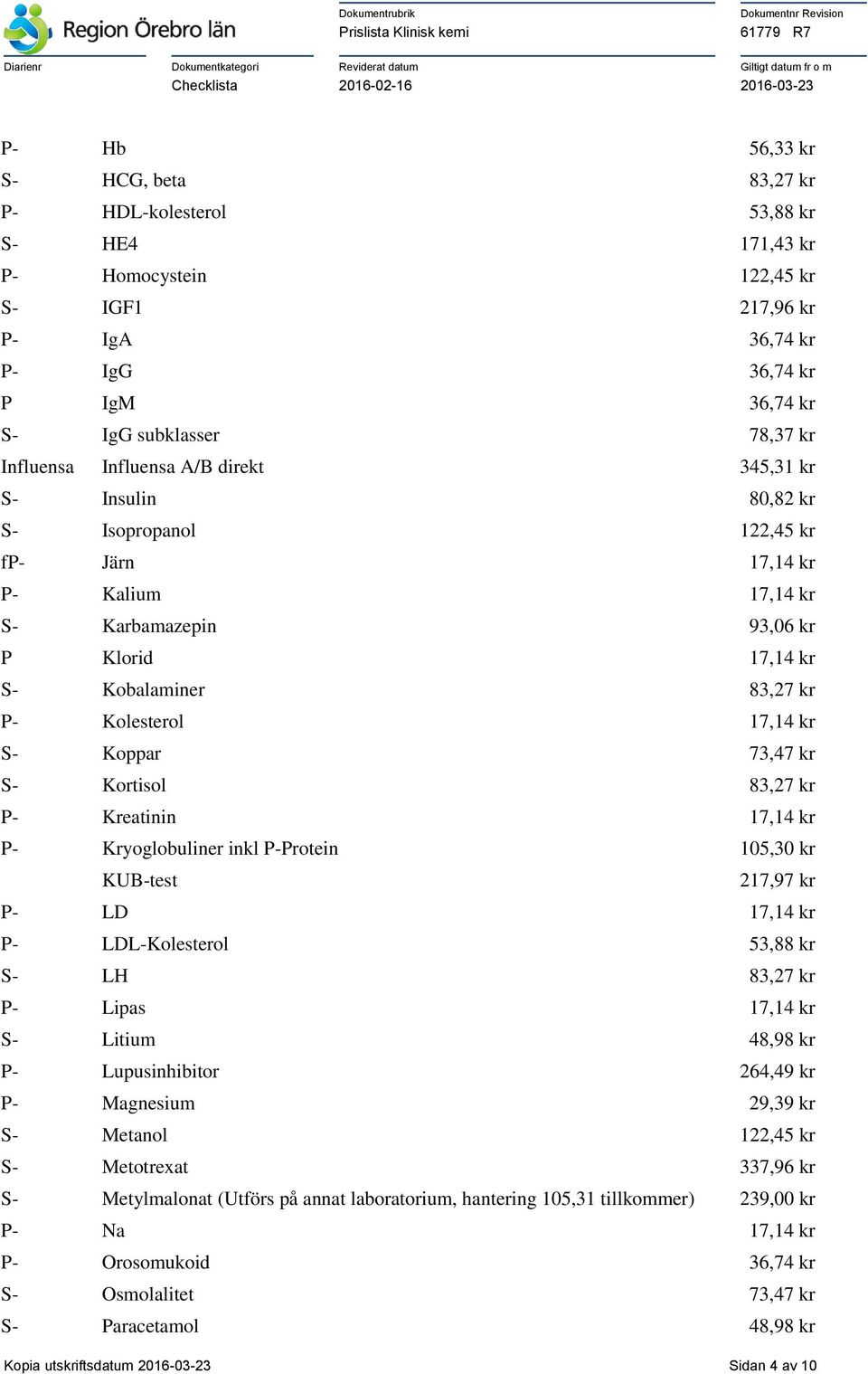 Kolesterol 17,14 kr S- Koppar 73,47 kr S- Kortisol 83,27 kr P- Kreatinin 17,14 kr P- Kryoglobuliner inkl P-Protein 105,30 kr KUB-test 217,97 kr P- LD 17,14 kr P- LDL-Kolesterol 53,88 kr S- LH 83,27