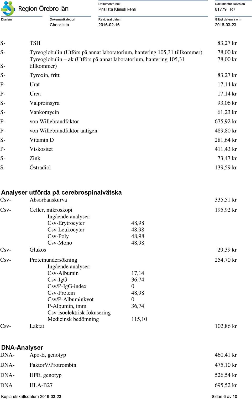 281,64 kr P- Viskositet 411,43 kr S- Zink 73,47 kr S- Östradiol 139,59 kr Analyser utförda på cerebrospinalvätska Csv- Absorbanskurva 335,51 kr Csv- Celler, mikroskopi Ingående analyser: 195,92 kr