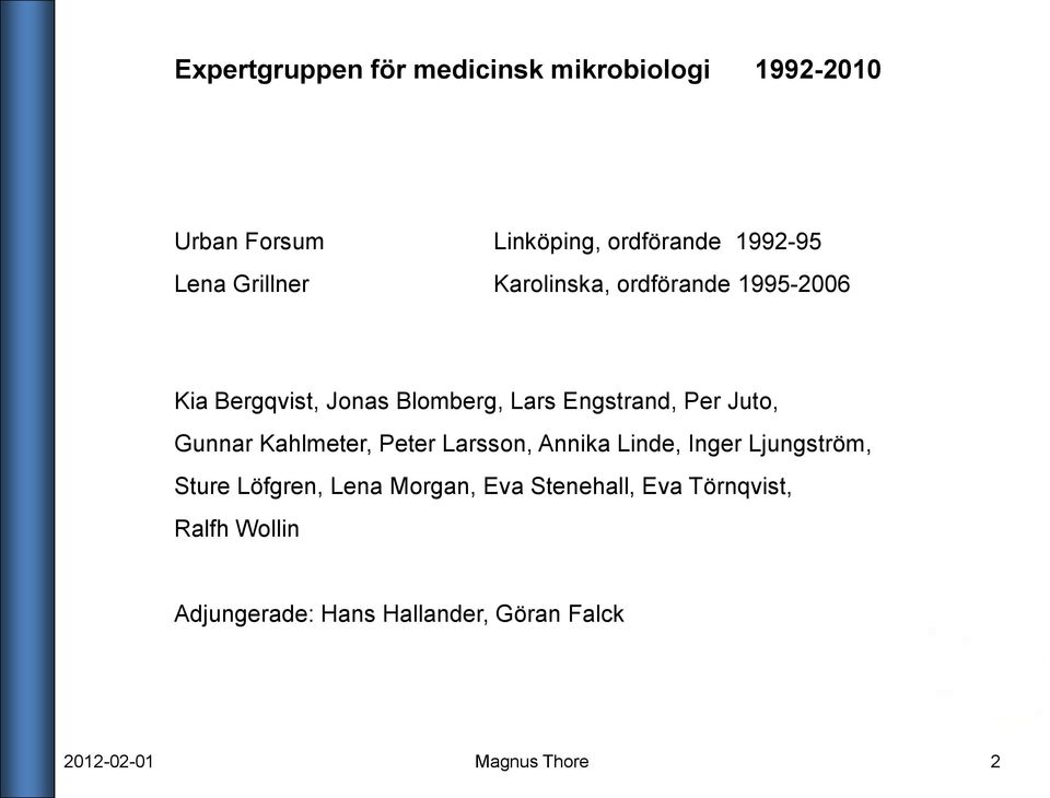 Gunnar Kahlmeter, Peter Larsson, Annika Linde, Inger Ljungström, Sture Löfgren, Lena Morgan, Eva