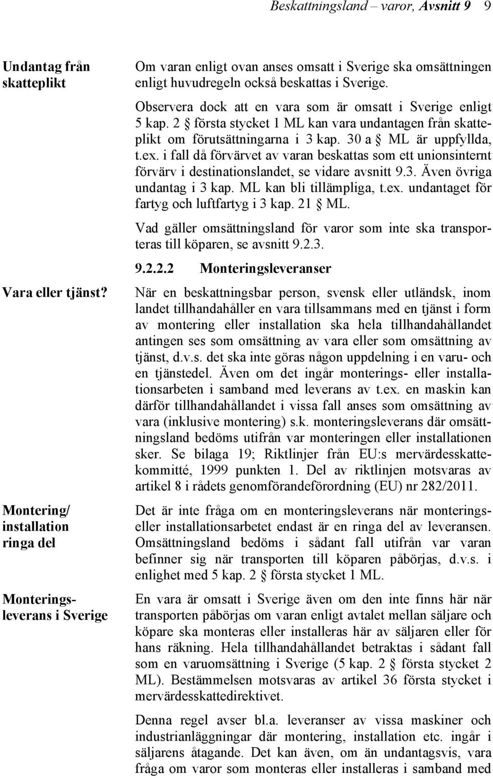 Observera dock att en vara som är omsatt i Sverige enligt 5 kap. 2 första stycket 1 ML kan vara undantagen från skatteplikt om förutsättningarna i 3 kap. 30 a ML är uppfyllda, t.ex.