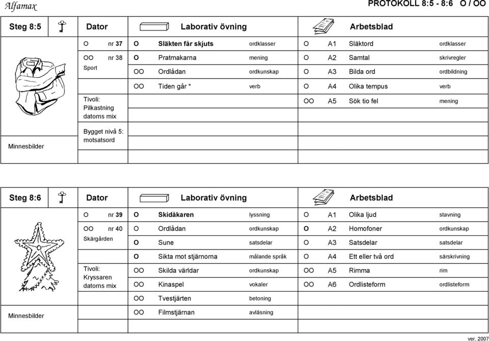Arbetsblad O nr 39 O Skidåkaren lyssning O A1 Olika ljud stavning OO nr 40 O Ordlådan ordkunskap O A2 Homofoner ordkunskap Skärgården O Sune satsdelar O A3 Satsdelar satsdelar O Sikta mot stjärnorna