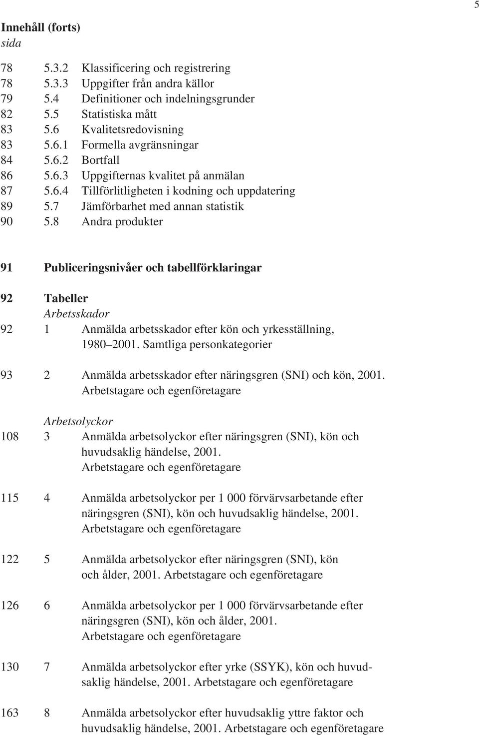 7 Jämförbarhet med annan statistik 90 5.8 Andra produkter 91 Publiceringsnivåer och tabellförklaringar 92 Tabeller Arbetsskador 92 1 Anmälda arbetsskador efter kön och yrkesställning, 1980 2001.