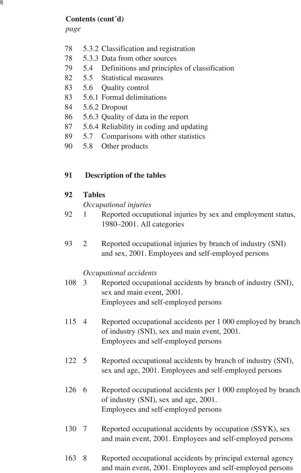 8 Other products 91 Description of the tables 92 Tables Occupational injuries 92 1 Reported occupational injuries by sex and employment status, 1980 2001.